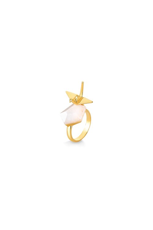 Anel Tsuru - Quartzo Branco - Coleção Ecoa Banho: Folheado a Ouro