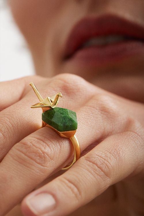 Anel Tsuru - Jaspe Verde - Coleção Ecoa Banho: Folheado a Ouro