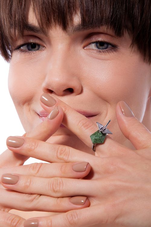 Anel Tsuru - Jaspe Verde - Coleção Ecoa Banho: Ródio Negro