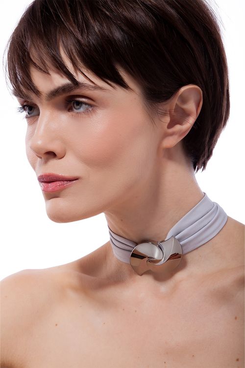Colar Choker Flow - Tecido Cinza e Marrom - Coleção Ecoa Banho: Ródio Negro