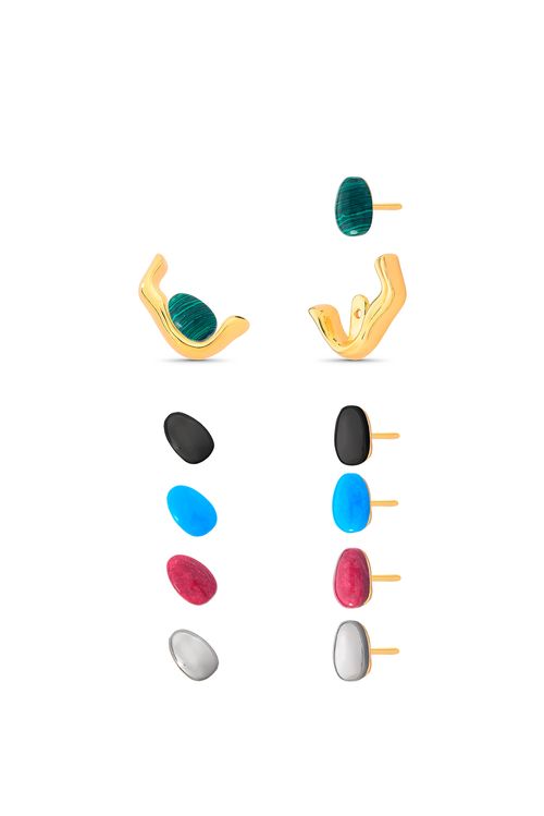 Brinco Identidade - Feldspato Vermelho, Haulita Turquesa,  Obsidiana, Malaquita e Ágata Cinza Metalizada - Coleção Expressão Banho: Folheado a Ouro