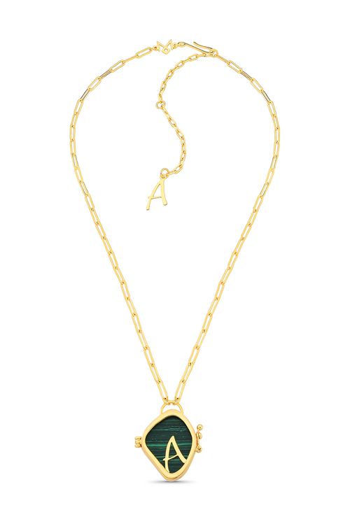Colar Alfabeto A - Feldspato Vermelho, Haulita Turquesa,  Obsidiana, Malaquita e Ágata Cinza Metalizada - Coleção Expressão Banho: Folheado a Ouro