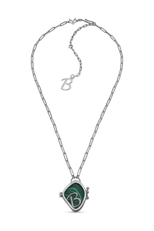 Colar Alfabeto B - Feldspato Vermelho, Haulita Turquesa,  Obsidiana, Malaquita e Ágata Cinza Metalizada - Coleção Expressão Banho: Ródio Negro