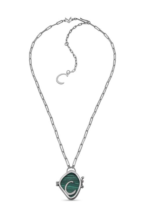 Colar Alfabeto C - Feldspato Vermelho, Haulita Turquesa,  Obsidiana, Malaquita e Ágata Cinza Metalizada - Coleção Expressão Banho: Ródio Negro