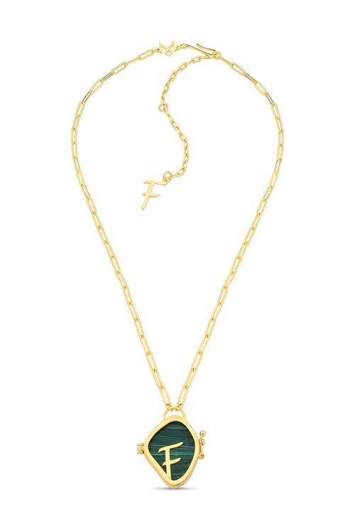 Colar Alfabeto F - Feldspato Vermelho, Haulita Turquesa,  Obsidiana, Malaquita e Ágata Cinza Metalizada - Coleção Expressão Banho: Folheado a Ouro