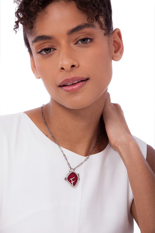 Colar Alfabeto F - Feldspato Vermelho, Haulita Turquesa,  Obsidiana, Malaquita e Ágata Cinza Metalizada - Coleção Expressão Banho: Ródio Negro