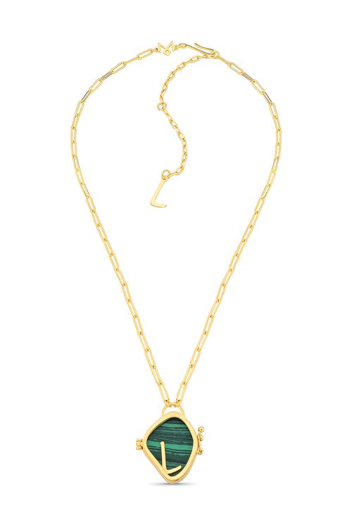 Colar Alfabeto L - Feldspato Vermelho, Haulita Turquesa, Obsidiana, Malaquita e Ágata Cinza Metalizada - Coleção Expressão Banho: Folheado a Ouro