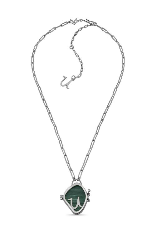 Colar Alfabeto U - Feldspato Vermelho, Haulita Turquesa, Obsidiana, Malaquita e Ágata Cinza Metalizada - Coleção Expressão Banho: Ródio Negro