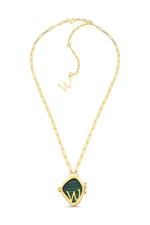 Colar Alfabeto W - Feldspato Vermelho, Haulita Turquesa, Obsidiana, Malaquita e Ágata Cinza Metalizada - Coleção Expressão Banho: Folheado a Ouro