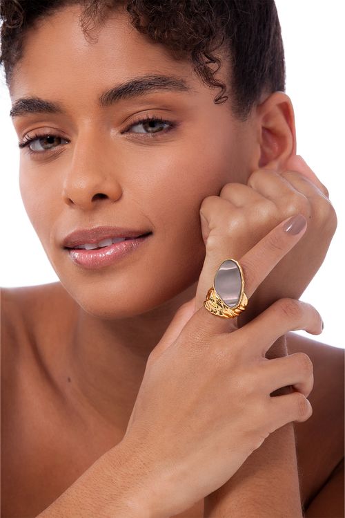 Anel Herança - Ágata Cinza Listrada - Coleção Âmago Banho: Folheado a Ouro