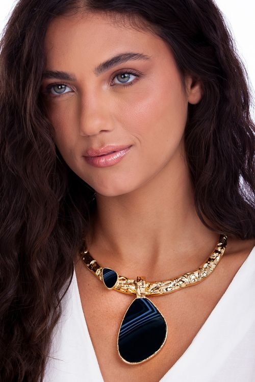 Colar Choker Herança - Ágata Preta Listrada - Coleção Âmago Banho: Folheado a Ouro