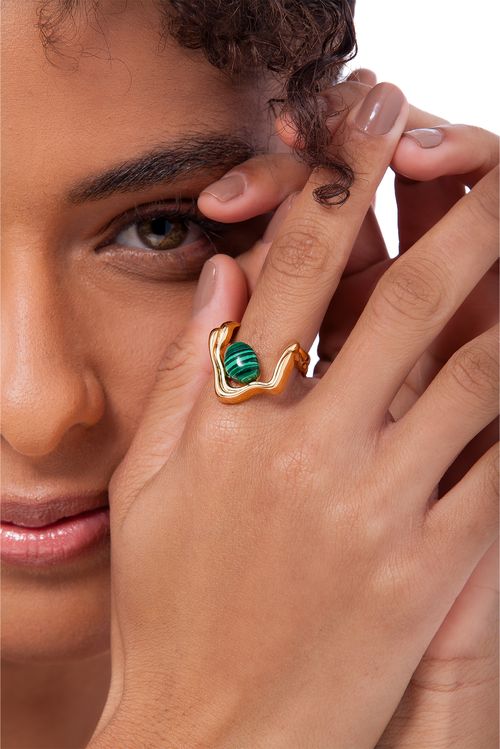 Anel Silêncio - Malaquita - Coleção Reset Banho: Folheado a Ouro