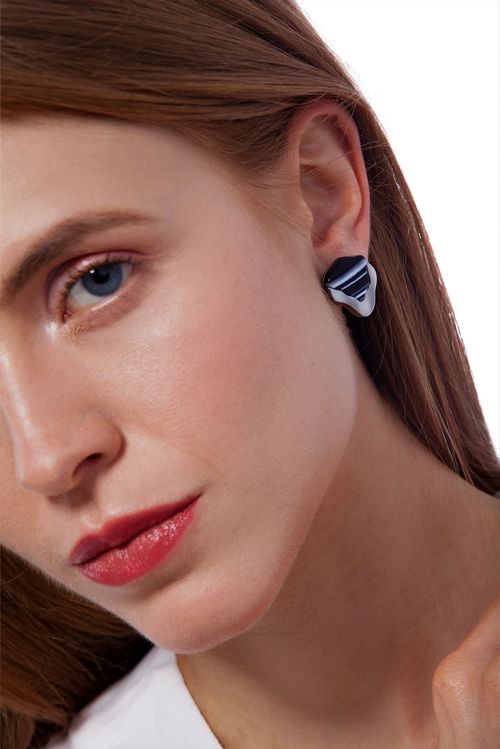 Brinco Terre - Ágata Preta - Coleção Acquarella Banho: Ródio Negro