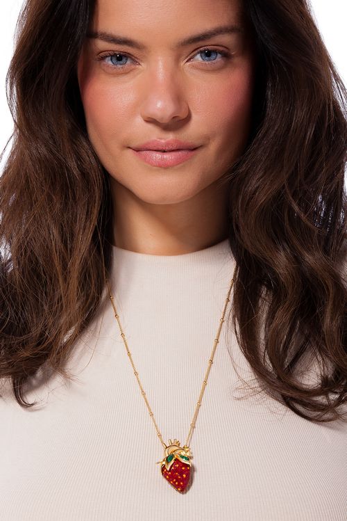 Colar Doce Vida - Feldspato Vermelho, Esmalte Amarelo e Malaquita - Coleção Dolce Tropicália Verão Banho: Folheado a Ouro