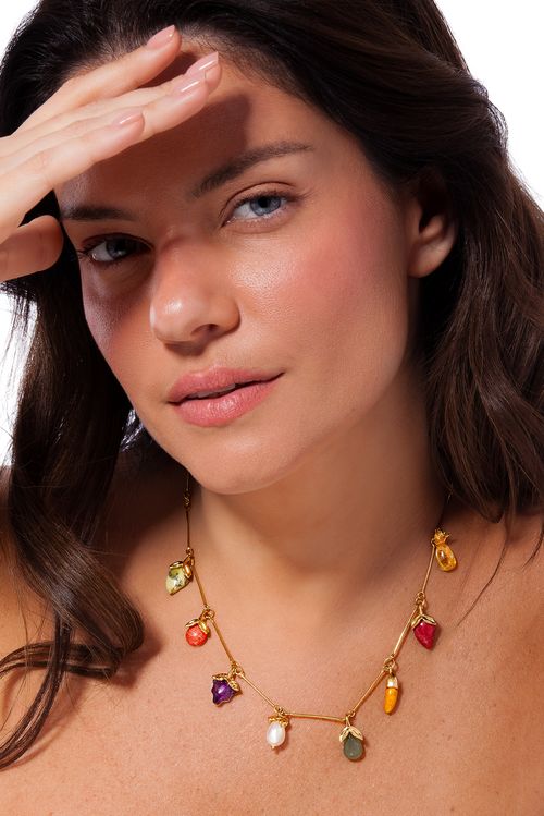Colar Macedônia - Ametista, Feldspato, Pérola, Citrino, Quartzo e Calcita - Coleção Dolce Tropicália Verão Banho: Folheado a Ouro