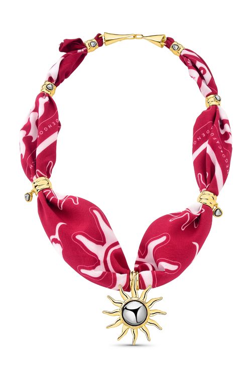 Colar Solar - Ágata Cinza Metalizada e Bandana Vermelha - Coleção Dolce Tropicália Verão Banho: Folheado a Ouro