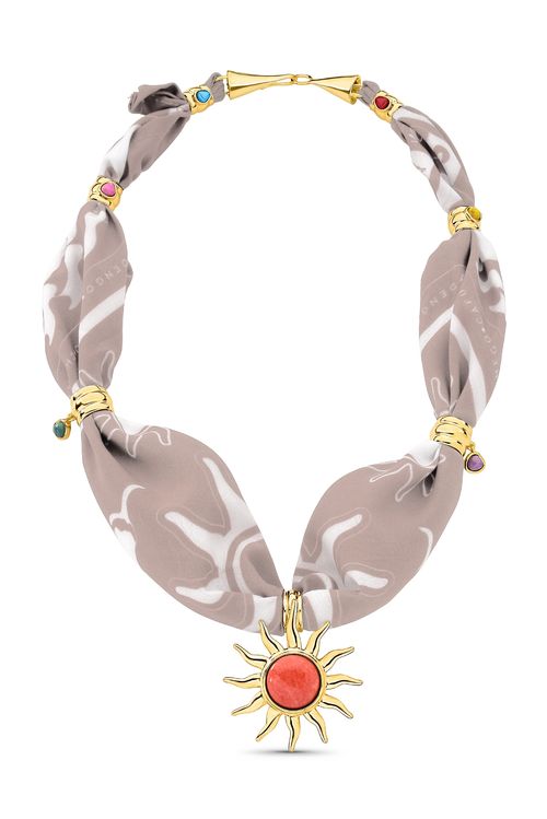Colar Solar - Feldspato Laranja, Amarelo e Pink e Bandana - Coleção Dolce Tropicália Verão Banho: Folheado a Ouro