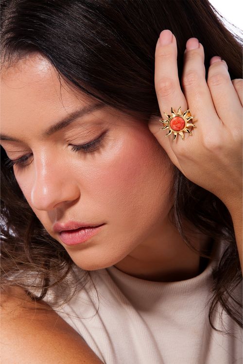 Anel Solar - Feldspato Laranja - Coleção Dolce Tropicália Verão Banho: Folheado a Ouro