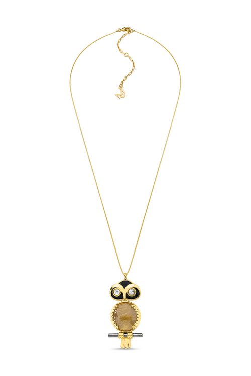 Colar Coruja - Cristal Rutilado Dourado e Obsidiana Preta - Coleção Animal Banho: Folheado a Ouro