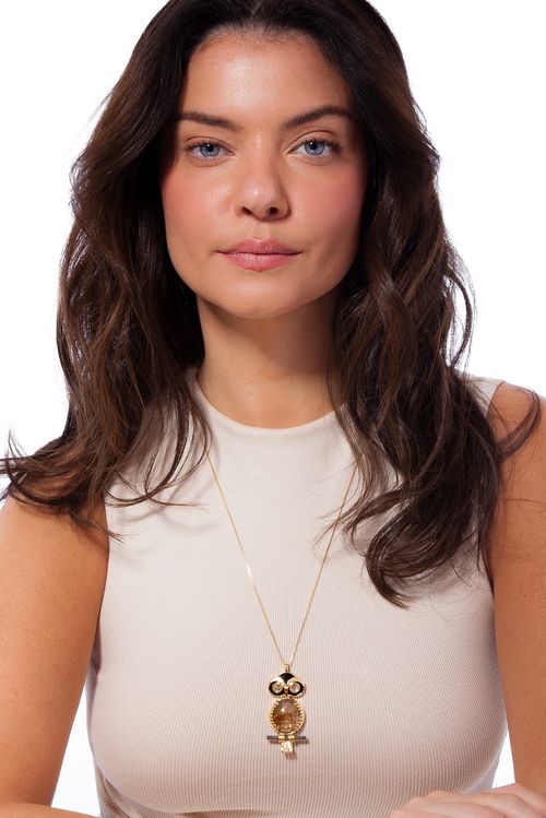 Colar Coruja - Cristal Rutilado Dourado e Obsidiana Preta - Coleção Animal Banho: Folheado a Ouro