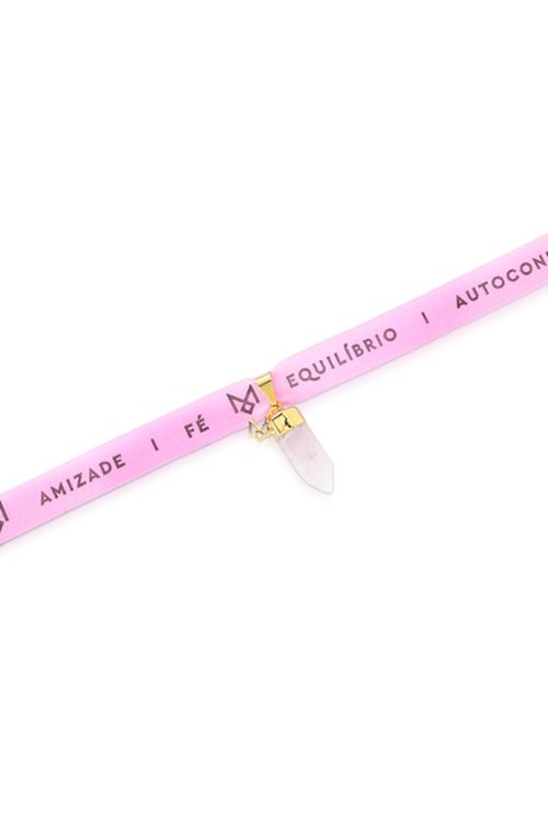 Pulseira Votos - Quartzo Rosa e Fita Rosa - Coleção Ícones Banho: Folheado a Ouro