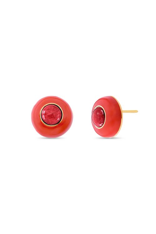 Brinco Color Ladie - Feldspato Vermelho e Esmalte Vermelho - Coleção Daily Banho: Folheado a Ouro