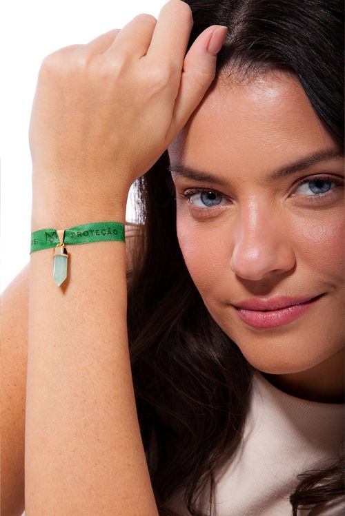 Pulseira Votos - Quartzo Verde e Fita Verde - Coleção Ícones Banho: Folheado a Ouro
