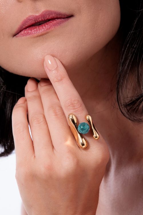 Anel Sincronia - Quartzo Azulado - Coleção Ritmo Banho: Folheado a Ouro