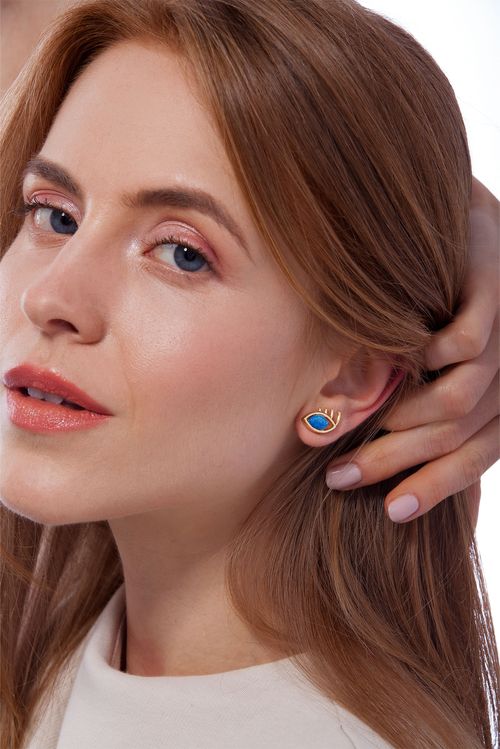 Brinco Portal - Quartzo Azul Anil - Coleção Drops Banho: Folheado a Ouro