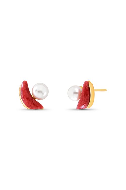 Brinco Passo - Feldspato Vermelho e Pérola - Coleção Ritmo Banho: Folheado a Ouro
