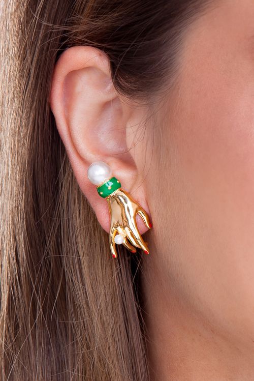 Brinco Inès - Pérola e Esmalte Verde - Coleção Mademoiselle Banho: Folheado a Ouro