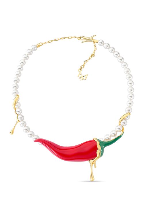 Colar Malagueta - Resina Vermelha, Esmalte Verde e Pérola - Coleção Dolce Tropicália Alto Verão Banho: Folheado a Ouro
