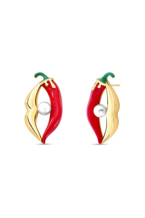 Brinco Malagueta - Resina Vermelha, Esmalte Verde e Pérola - Coleção Dolce Tropicália Alto Verão Banho: Folheado a Ouro