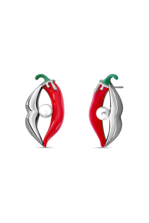 Brinco Malagueta - Resina Vermelha, Esmalte Verde e Pérola - Coleção Dolce Tropicália Alto Verão Banho: Ródio Negro