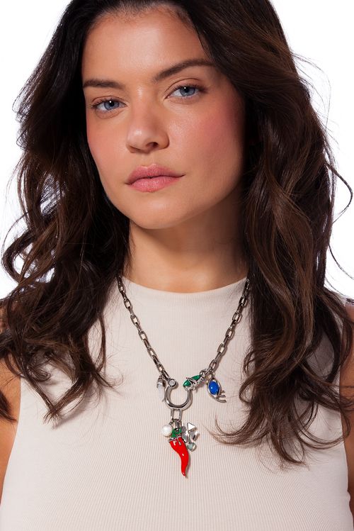 Colar Boa Sorte - Cristal, Malaquita, Drusa Metalizada, Quartzo Azul e Verde - Coleção Dolce Tropicália Alto Verão Banho: Ródio Negro