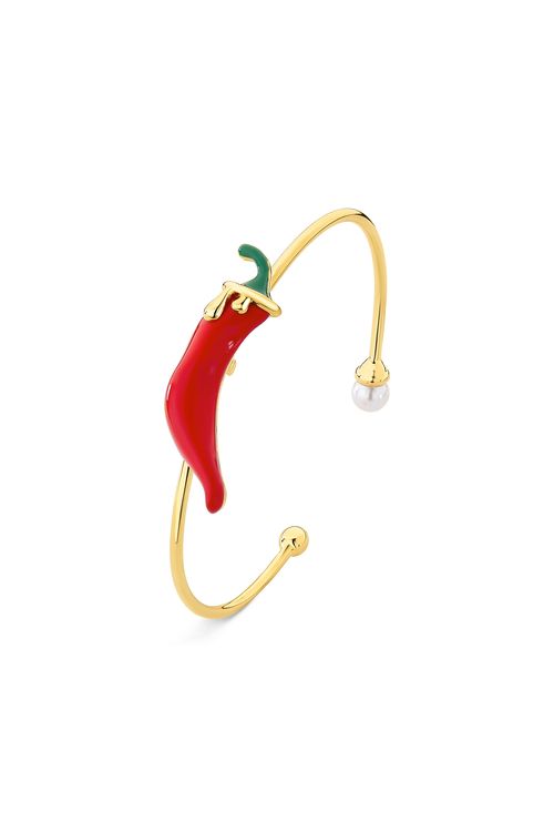 Pulseira Malagueta - Resina Vermelha, Esmalte Verde e Pérola - Coleção Dolce Tropicália Alto Verão Banho: Folheado a Ouro