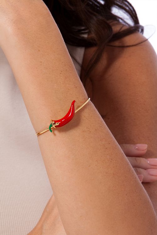 Pulseira Malagueta - Resina Vermelha, Esmalte Verde e Pérola - Coleção Dolce Tropicália Alto Verão Banho: Folheado a Ouro