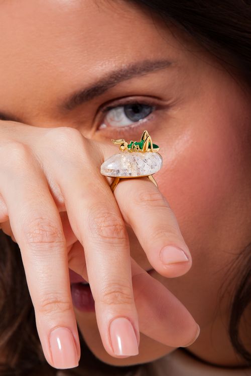 Anel Esperança - Cristal Perolizado e Esmalte Verde - Coleção Dolce Tropicália Alto Verão Banho: Folheado a Ouro