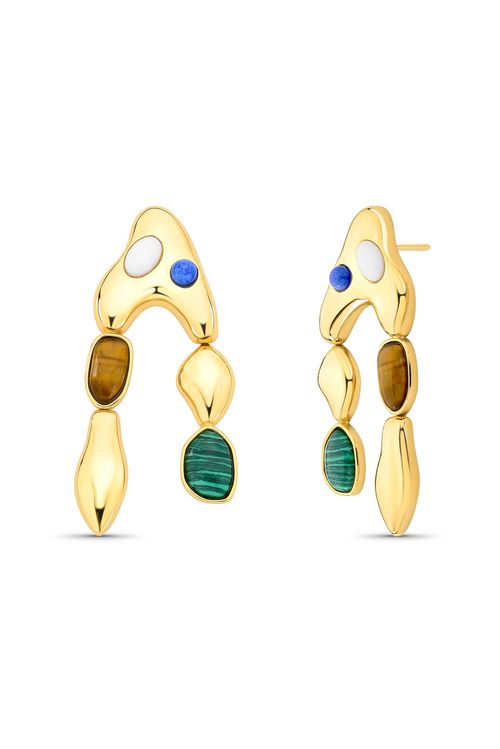 Brinco Tropi - Malaquita, Olho de Tigre, Quartzo Azul e Porcelana Branca - Coleção Dolce Tropicália Alto Verão Banho: Folheado a Ouro