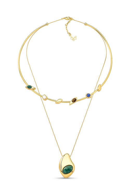 Colar Colores - Malaquita, Olho de Tigre, Quartzo Azul e Porcelana Branca - Coleção Dolce Tropicália Alto Verão Banho: Folheado a Ouro