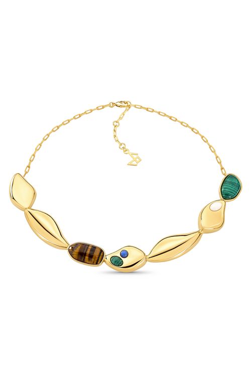 Colar Tropi - Malaquita, Olho de Tigre, Quartzo Azul e Porcelana Branca - Coleção Dolce Tropicália Alto Verão Banho: Folheado a Ouro