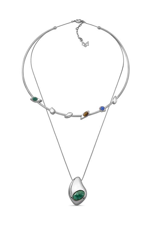 Colar Colores - Malaquita, Olho de Tigre, Quartzo Azul e Porcelana Branca - Coleção Dolce Tropicália Alto Verão Banho: Ródio Negro