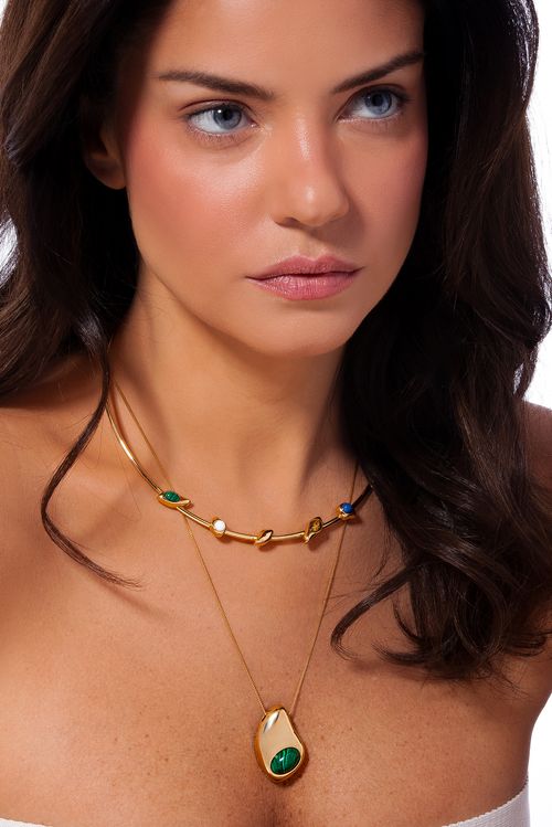 Colar Colores - Malaquita, Olho de Tigre, Quartzo Azul e Porcelana Branca - Coleção Dolce Tropicália Alto Verão Banho: Folheado a Ouro