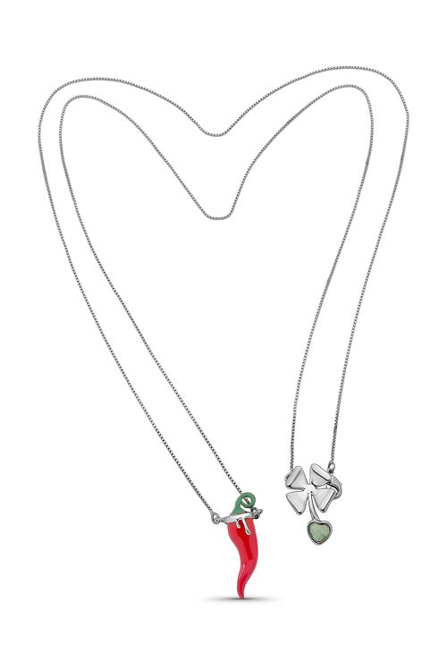 Colar Escapulário Picante - Resina Vermelha, Esmalte Verde e Quartzo Verde - Coleção Dolce Tropicália Alto Verão Banho: Ródio Negro