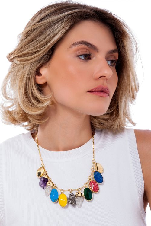 Colar Alegria 2 - Ágata, Ametista, Cristal, Drusa, Felsdpato e Quartzo - Coleção Alma Banho: Folheado a Ouro