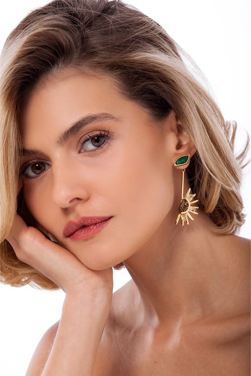 Brinco Girassol B - Cristal, Malaquita e Drusa Cobre - Coleção Ser Girassol Banho: Folheado a Ouro