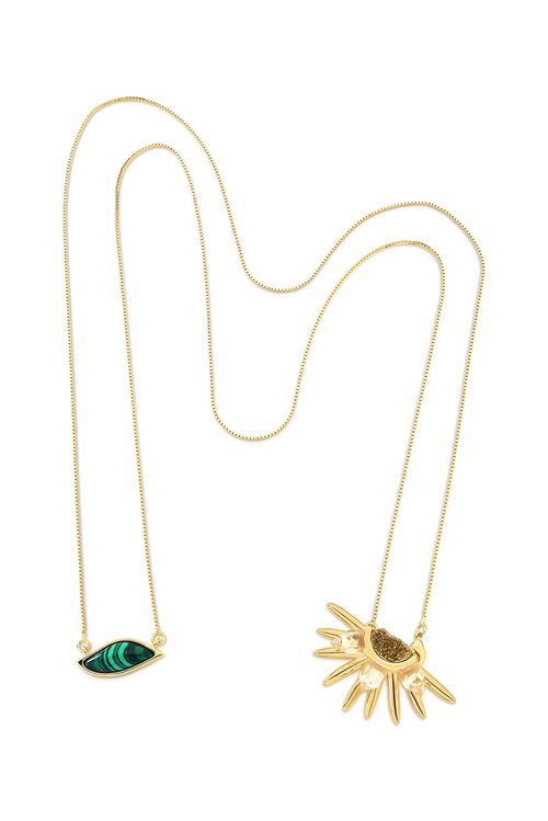 Colar Helianthus B - Cristal, Drusa Cobre e Malaquita - Coleção Ser Girassol Banho: Folheado a Ouro