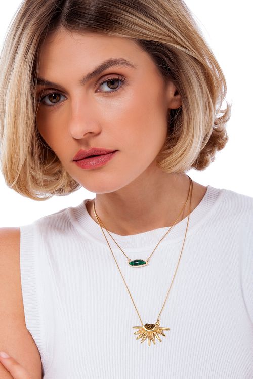 Colar Helianthus B - Cristal, Drusa Cobre e Malaquita - Coleção Ser Girassol Banho: Folheado a Ouro