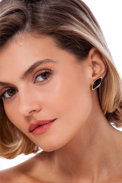 Brinco Folha - Obsidiana Preta - Coleção Ser Girassol Banho: Folheado a Ouro