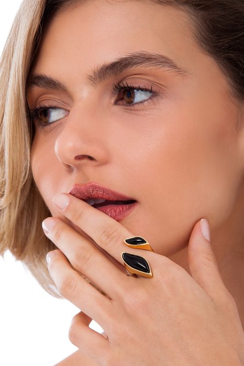Anel Folha - Obsidiana Preta - Coleção Ser Girassol Banho: Folheado a Ouro